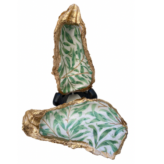 Oyster Shell Art, Vintage William Morris Design Slender Green Leaves | Handcrafted Home Decor