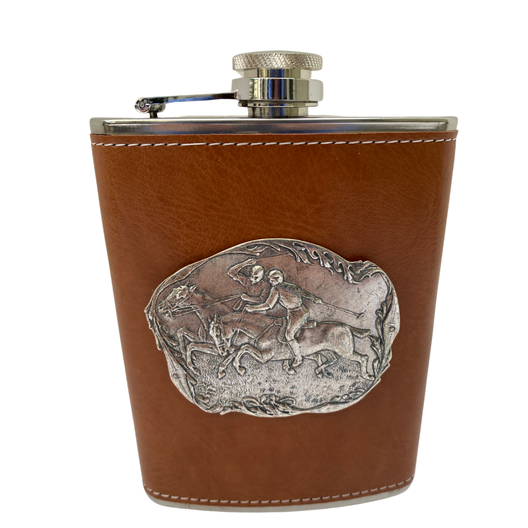 Brown Leather Flask, Silver Polo Medallion, Gift for Equestrian Polo Fan