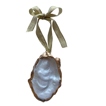 Oyster Shell Christmas Ornament White and Gold with Gold Ribbon