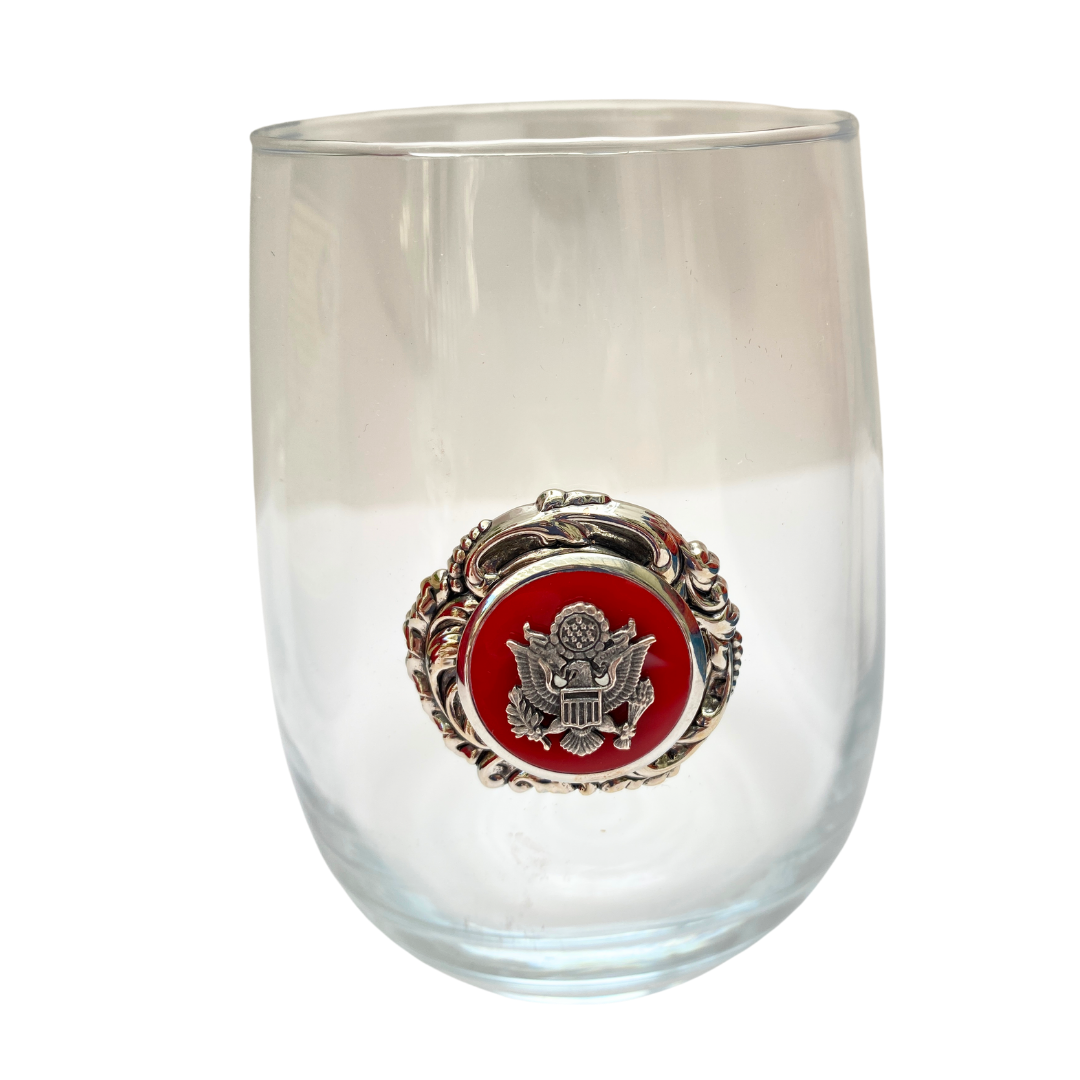 Stemless Wine Glass | Red enamel & Silver USA Great Seal Embellishment