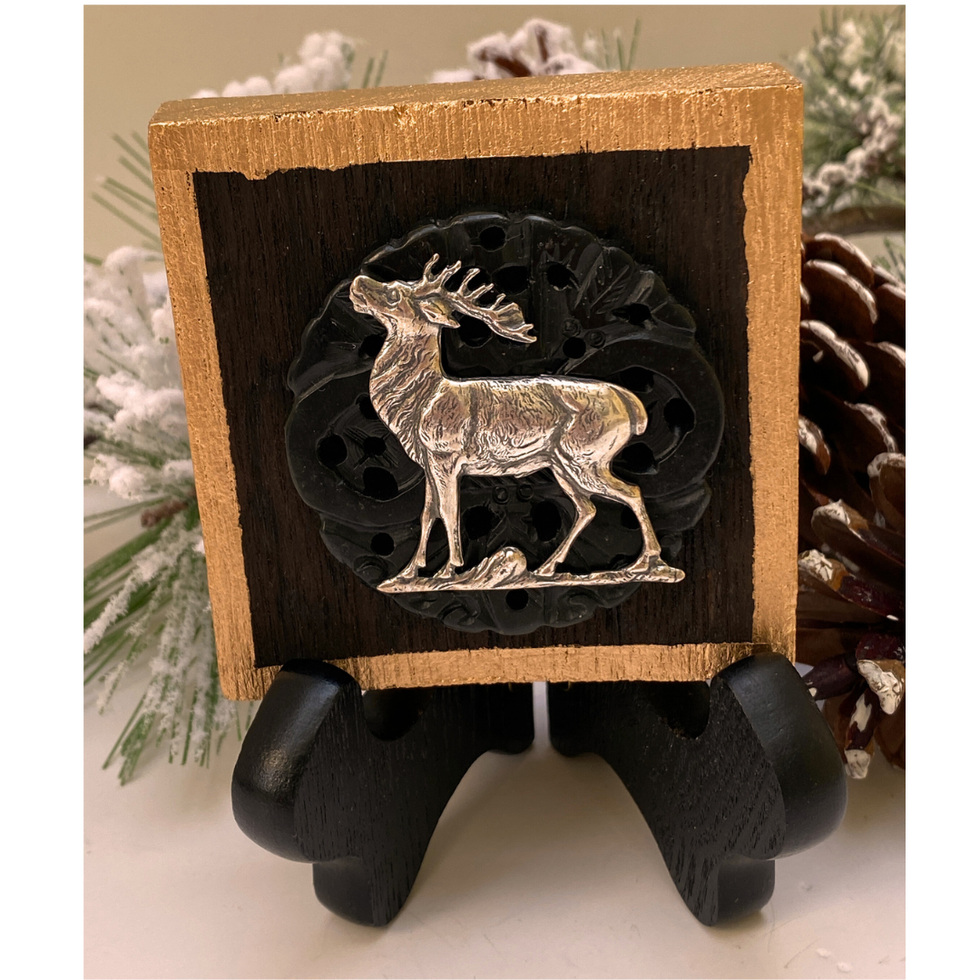 Silver Stag Deer Wooden Art with Natural Jade