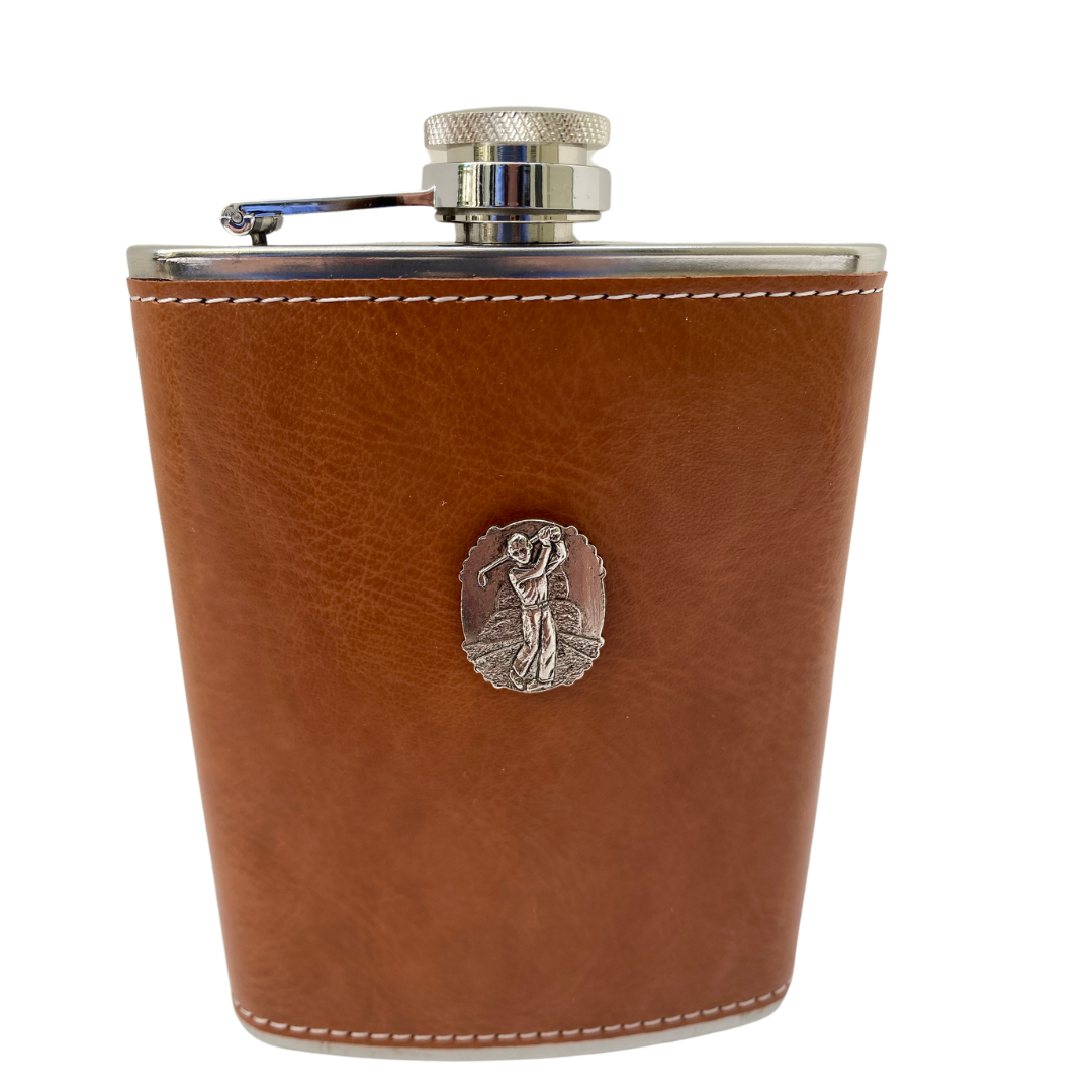 Leather Flask, Silver Golf Medallion