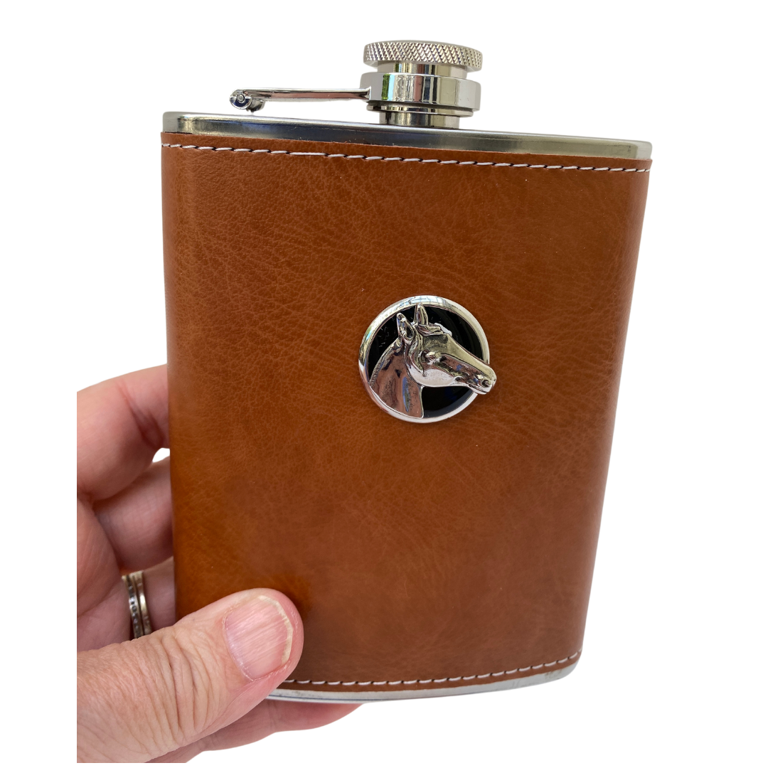 Brown Leather Flask Silver Horse Head