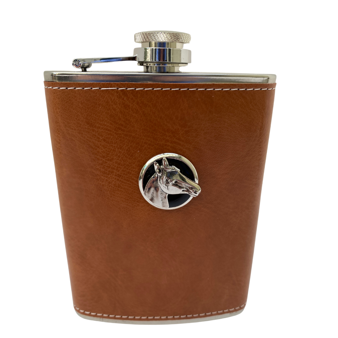 Brown Leather Flask Silver Horse Head