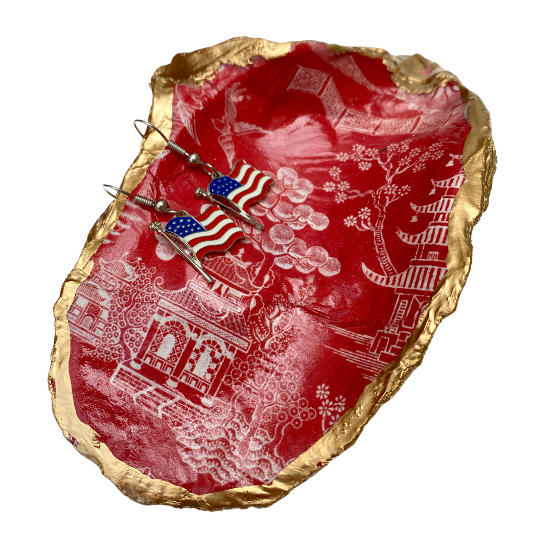 Oyster Shell Art | Red Chinoiserie & USA Flag earrings