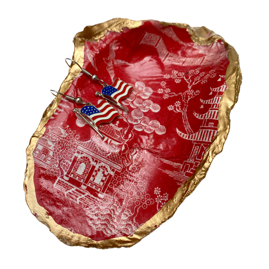 Oyster Shell Art | Red Chinoiserie & USA Flag earrings