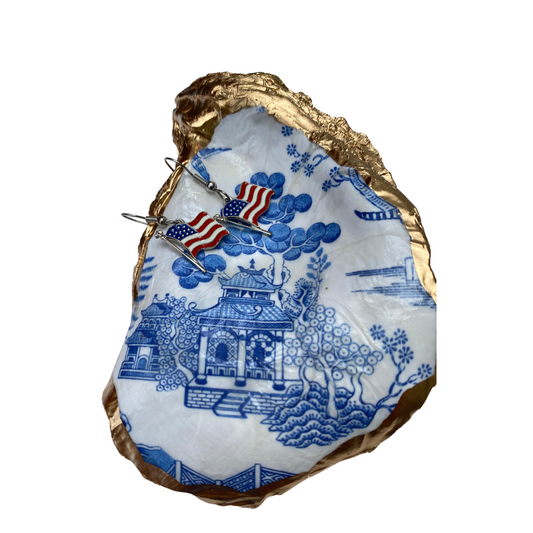 Oyster Shell Art | Blue Chinoiserie & USA Flag Earrings