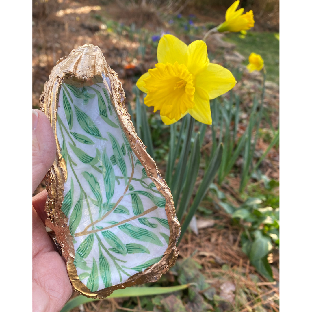 Oyster Shell Art, Vintage William Morris Design Slender Green Leaves | Handcrafted Home Decor