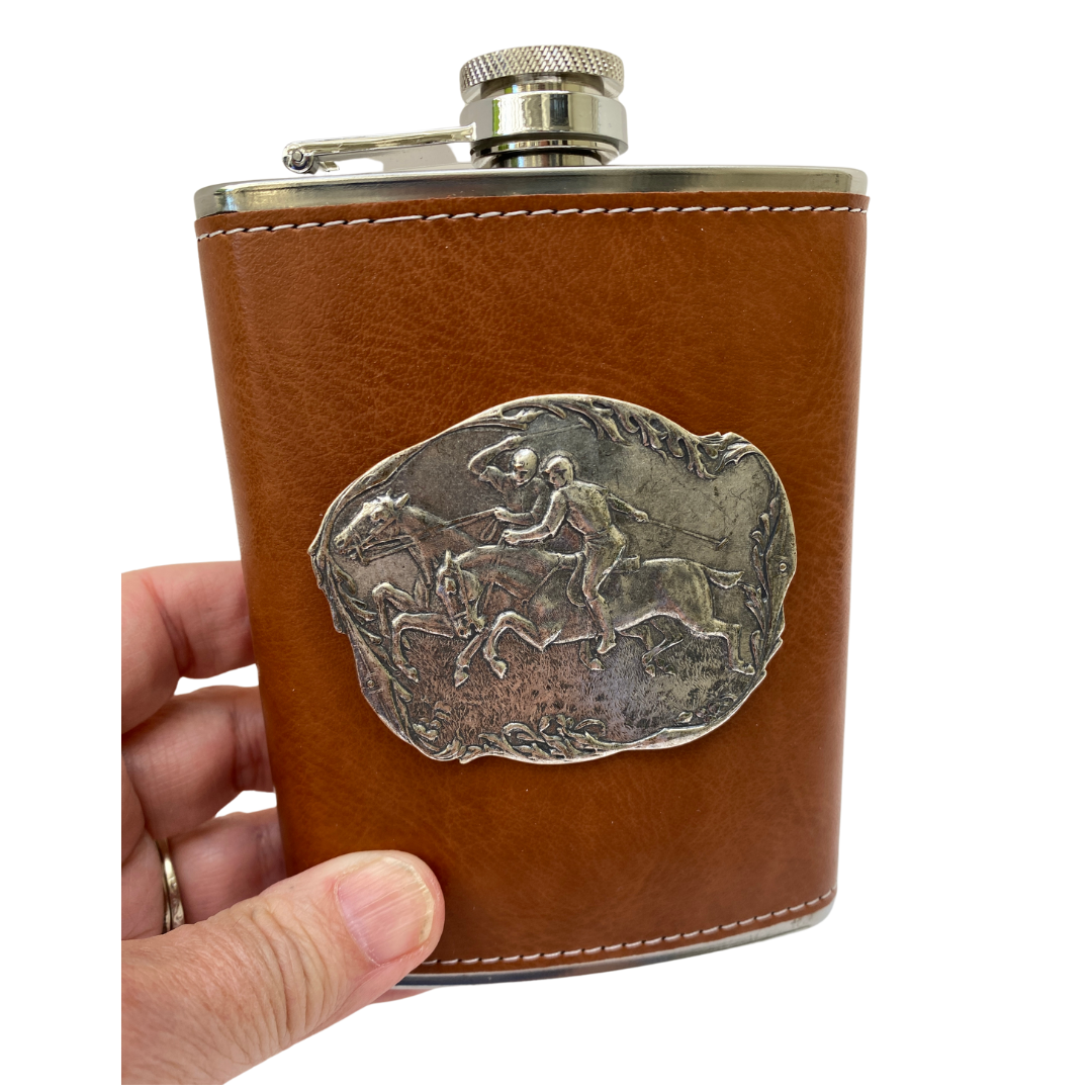 Brown Leather Flask, Silver Polo Medallion, Gift for Equestrian Polo Fan