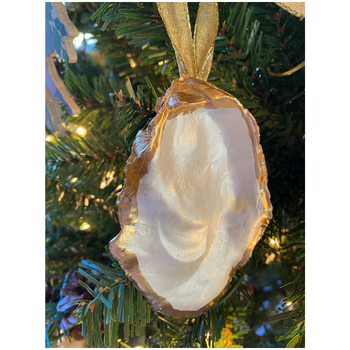 Oyster Shell Christmas Ornament White and Gold with Gold Ribbon