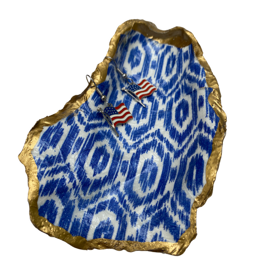 Oyster Shell Art | Blue and White Ikat & USA Flag earrings