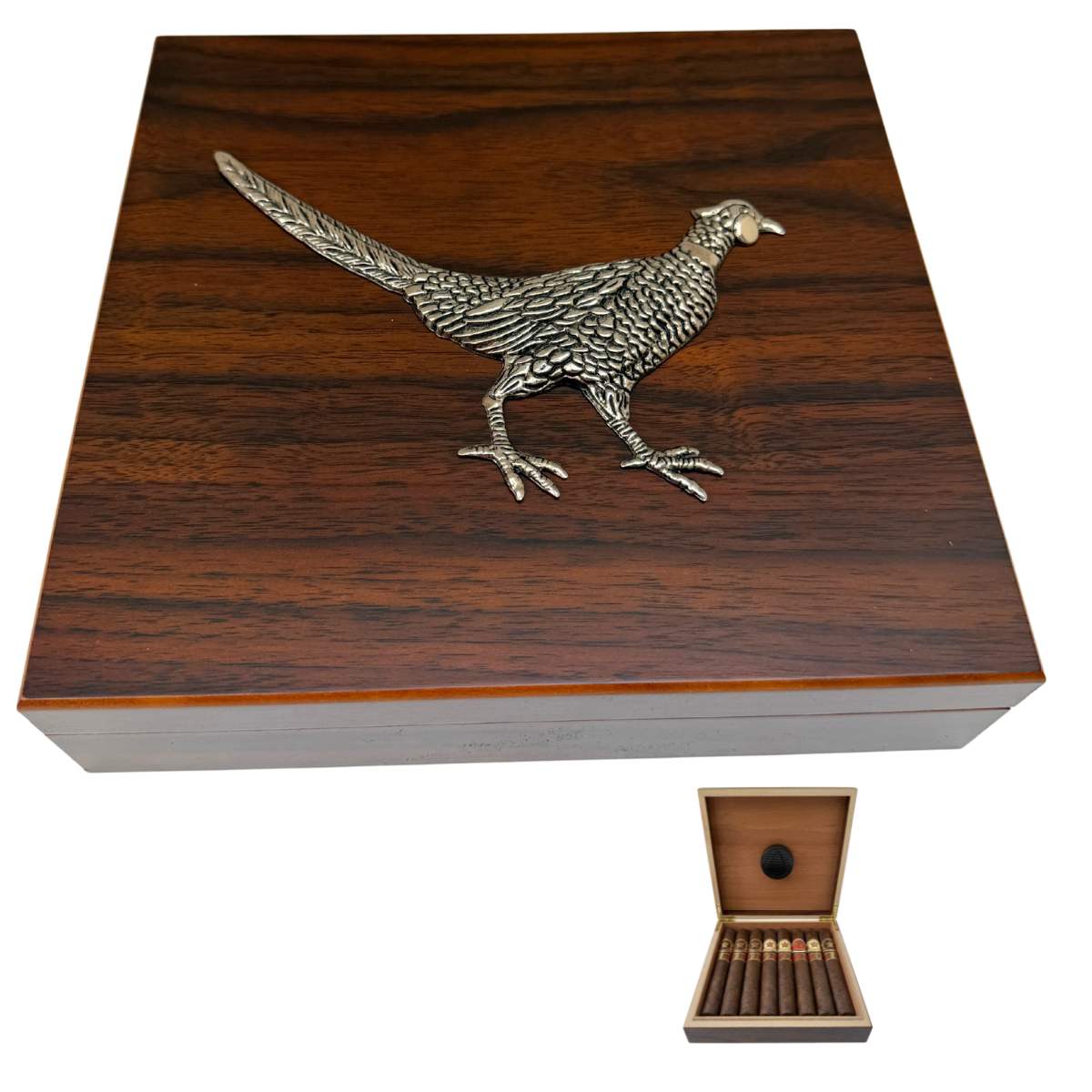 Cigar Humidor | Silver Pheasant Medallion | Gift for Pheasant Hunter