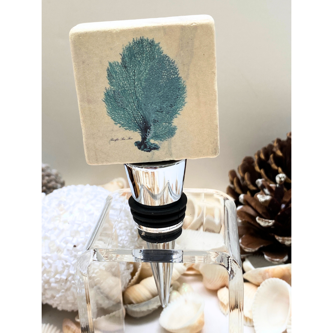 Blue Sea Fern Marble Wine Bottle Stopper | Coastal Christmas Gift