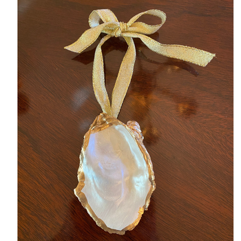 Oyster Shell Christmas Ornament White and Gold with Gold Ribbon