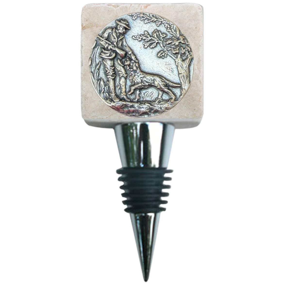 Marble Bottle Stopper Silver Medallion of Hunter & Dog | Gift for Waterfowler