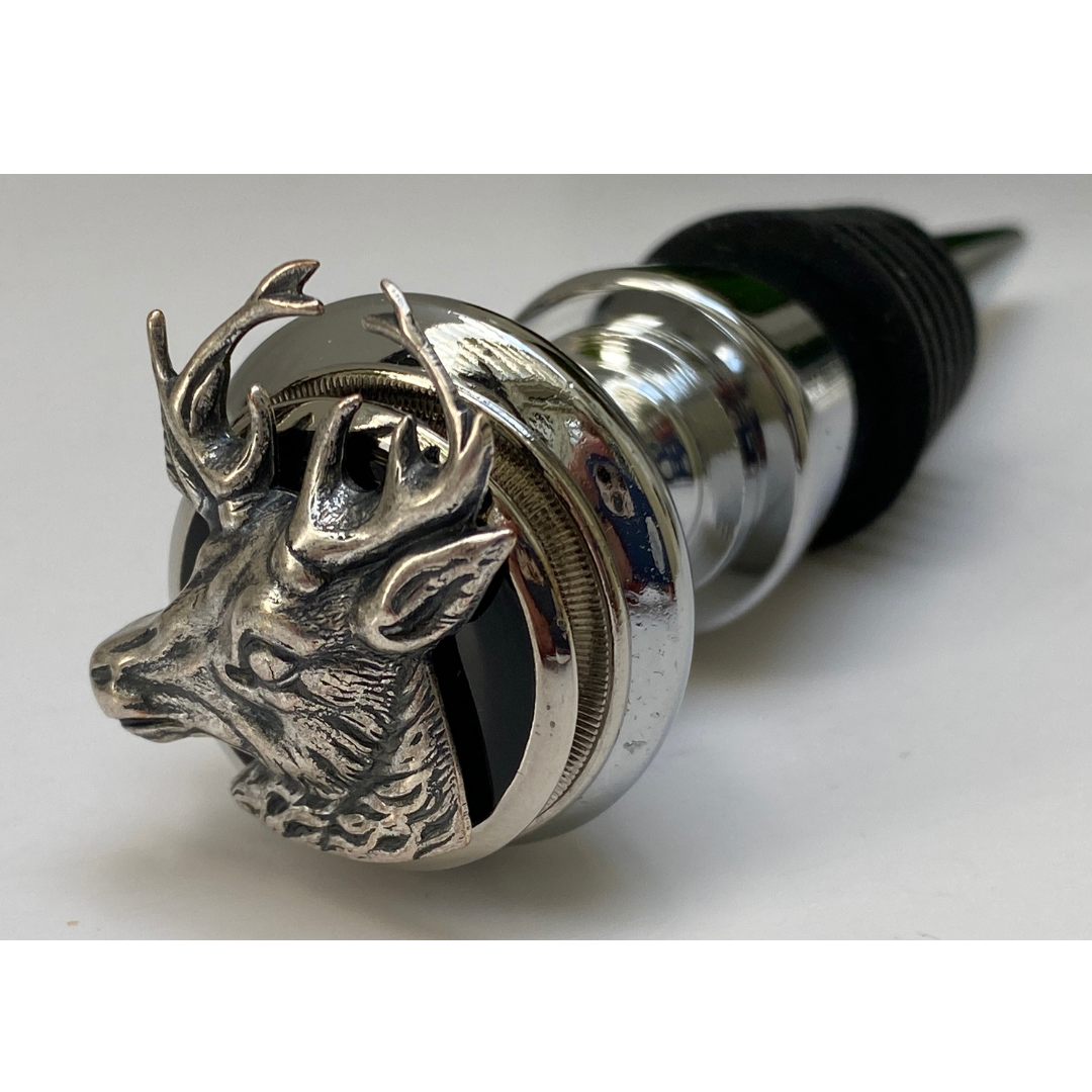 Silver Stag Deer Head Bottle Stopper on Black Enamel