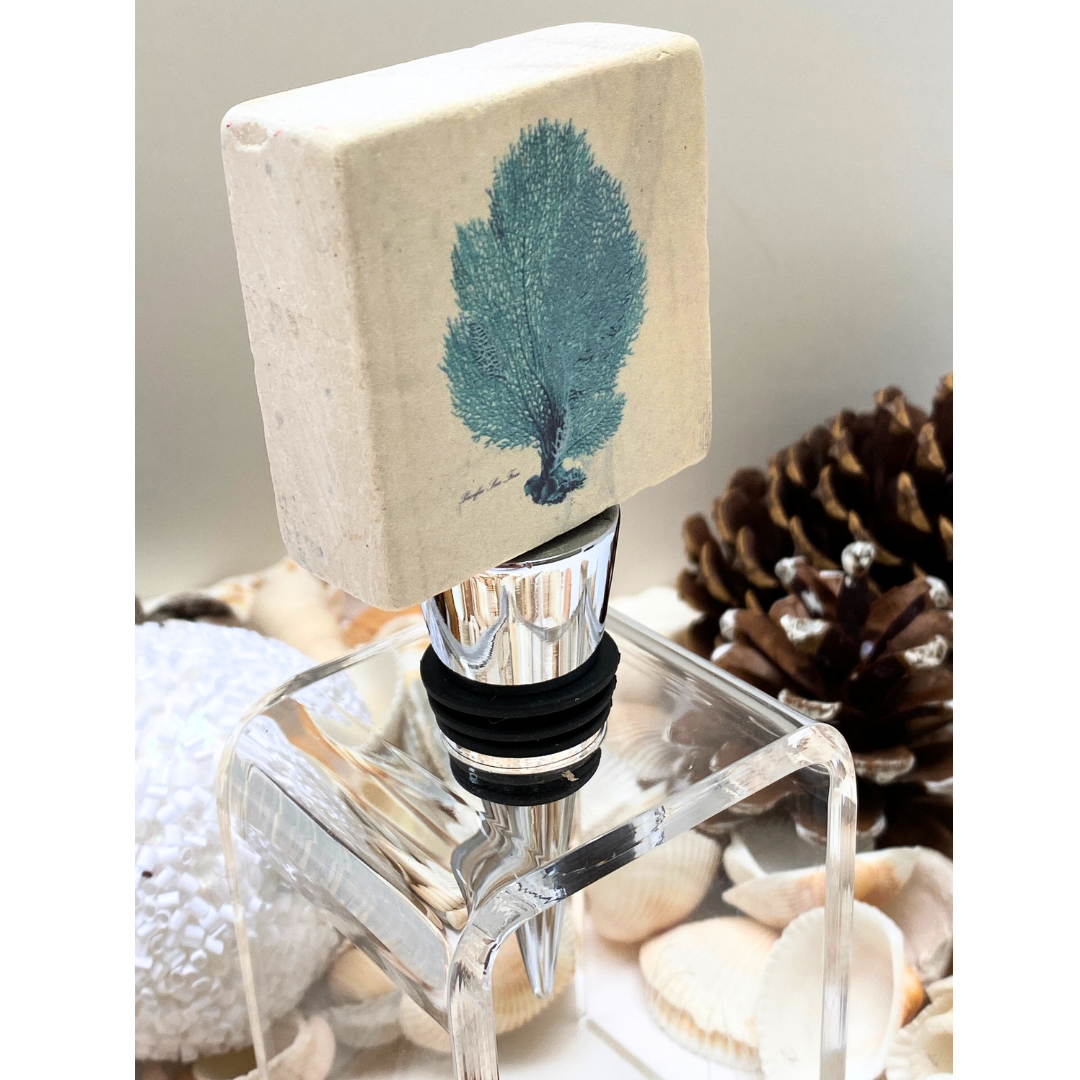 Blue Sea Fern Marble Wine Bottle Stopper | Coastal Christmas Gift