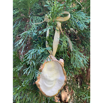 Oyster Shell Christmas Ornament White and Gold with Gold Ribbon
