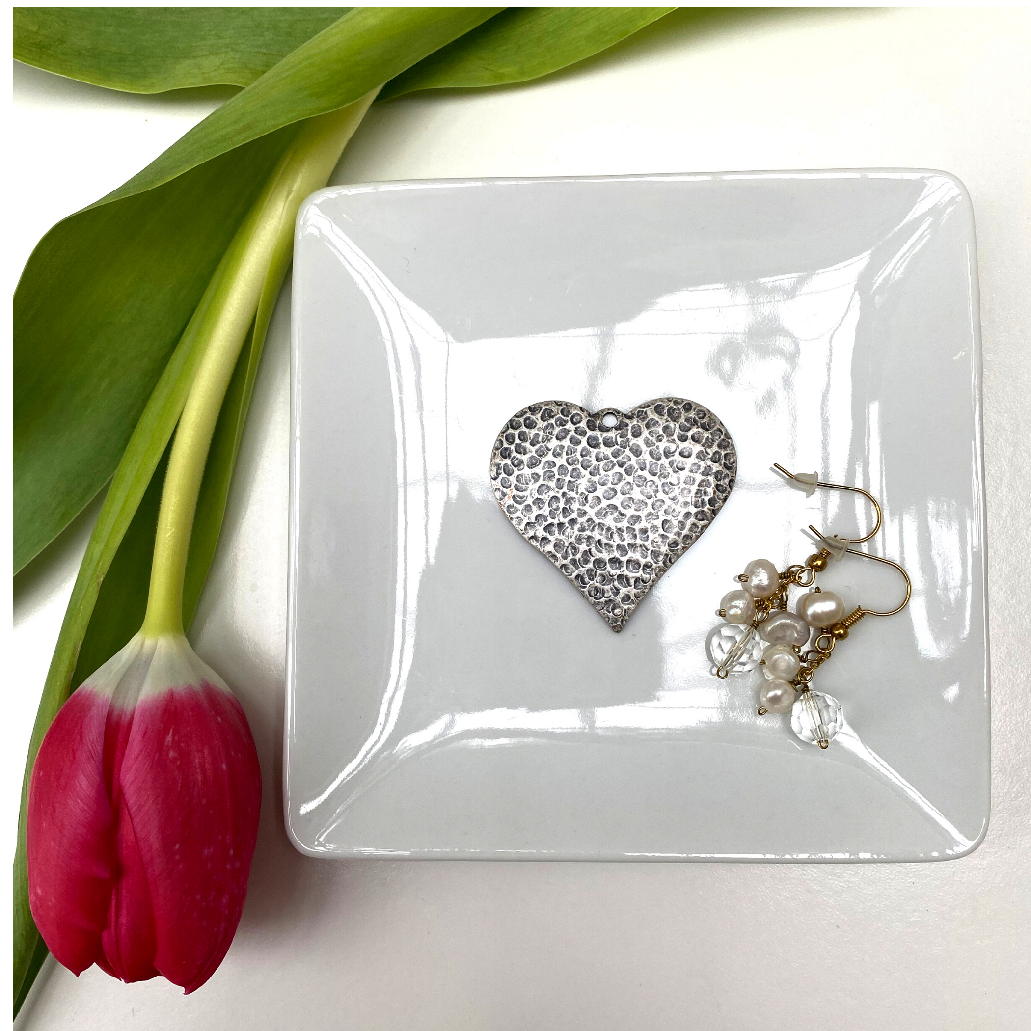 Trinket Tray, White Porcelain Dish,  Silver Hammered Heart