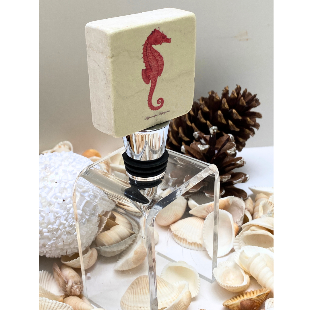 Red Seahorse Marble Wine Bottle Stopper | Coastal Christmas Gift