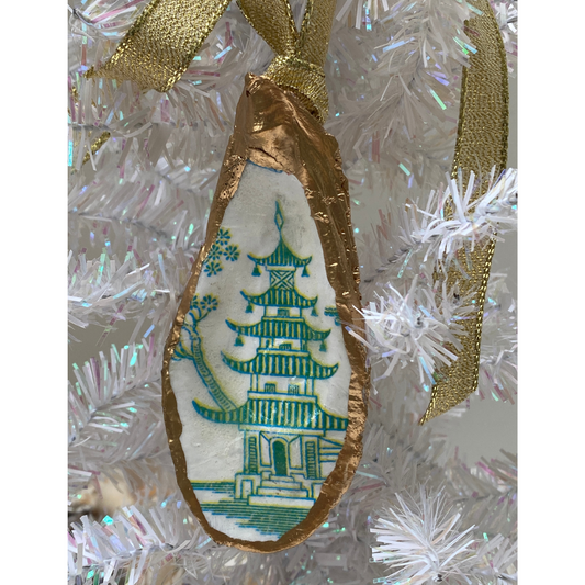 Oyster Shell Christmas Ornament Green Chinoiserie