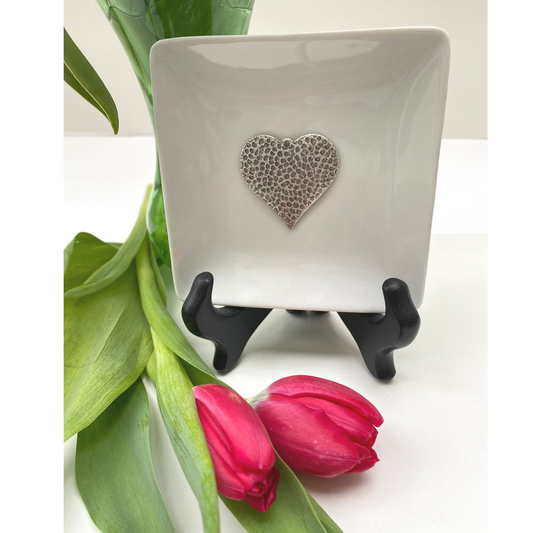 Trinket Tray, White Porcelain Dish,  Silver Hammered Heart