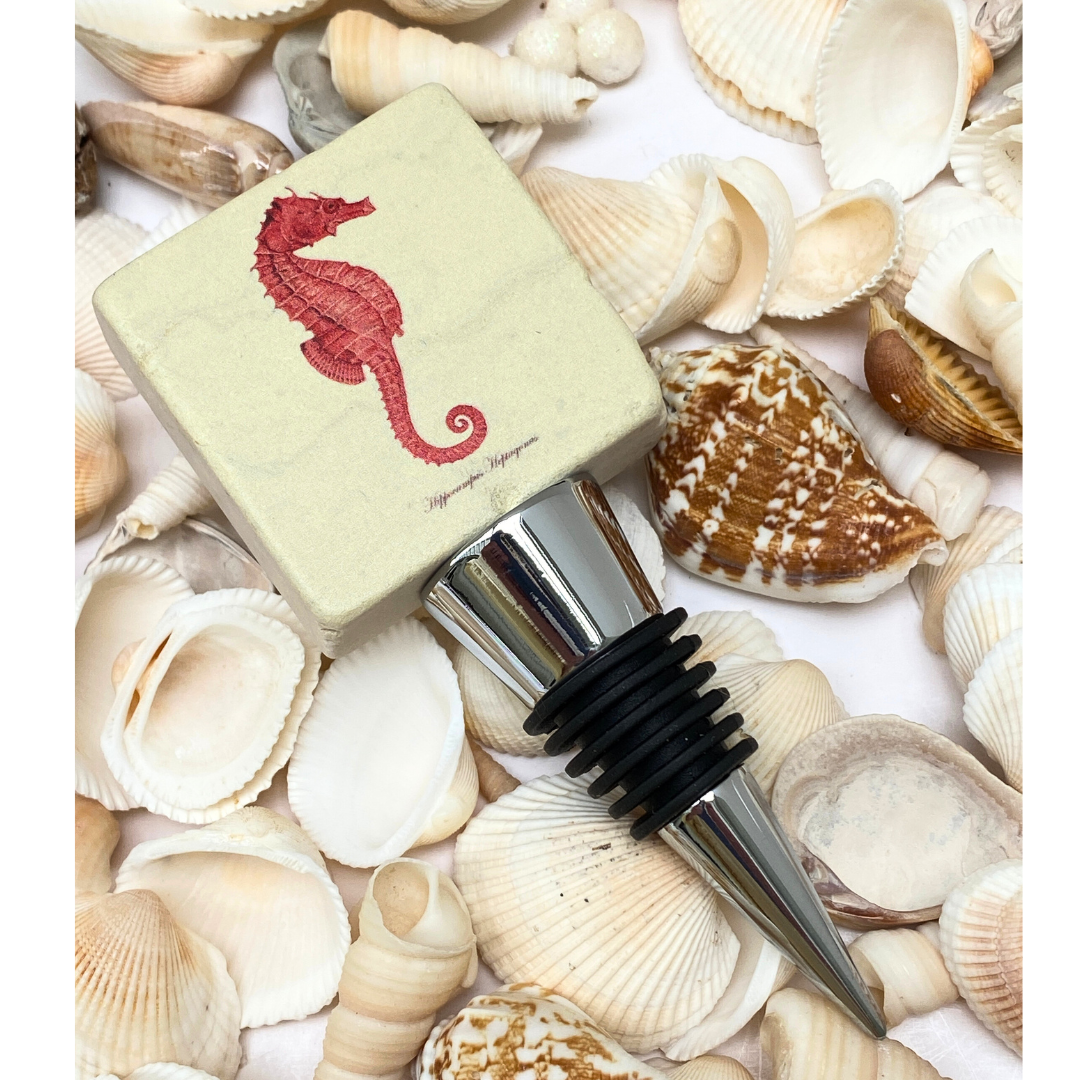 Red Seahorse Marble Wine Bottle Stopper | Coastal Christmas Gift