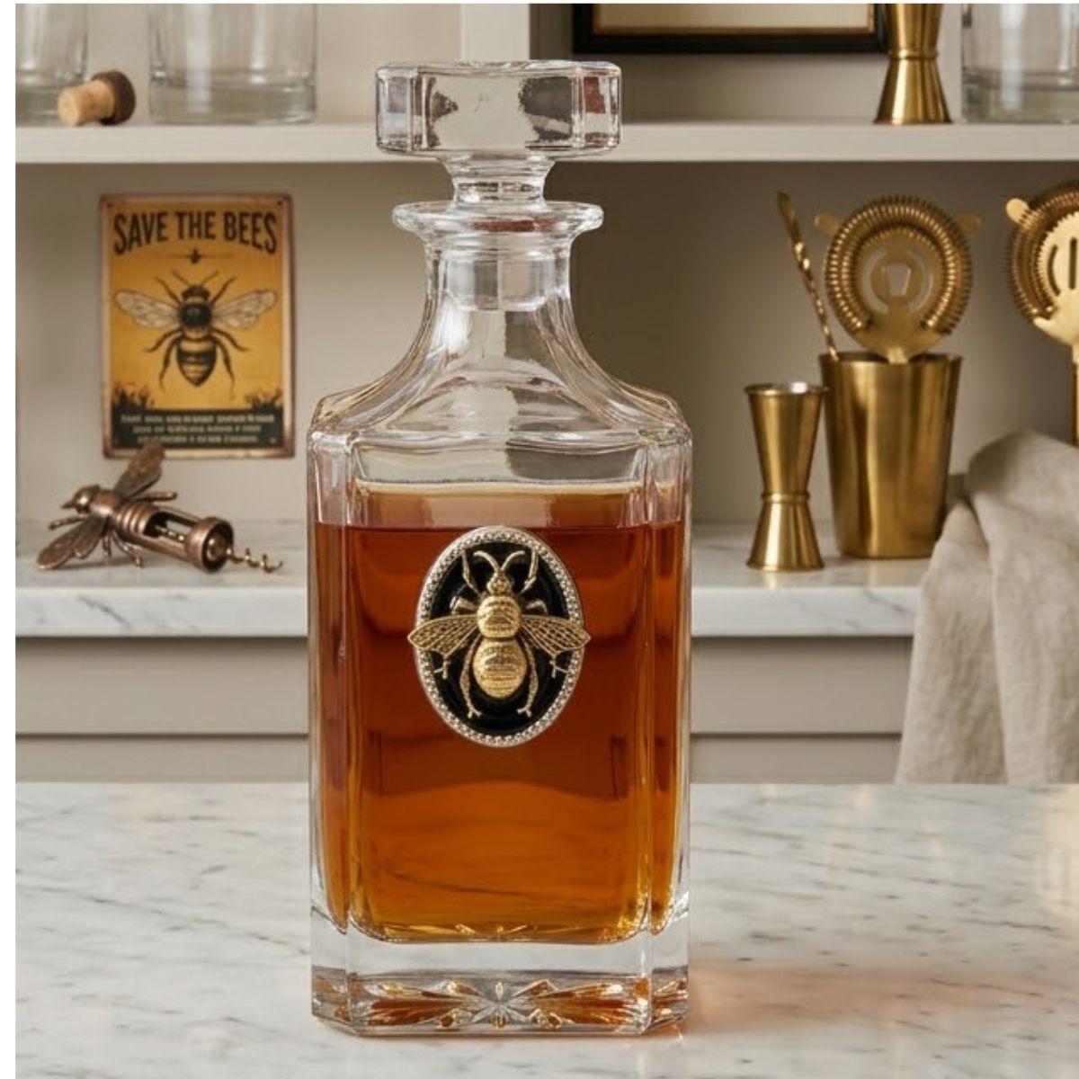 Gold Bee decanter featuring a large gold bee set in an oval setting of black enamel.  This is a great gift for a bee lover or beekeeper.