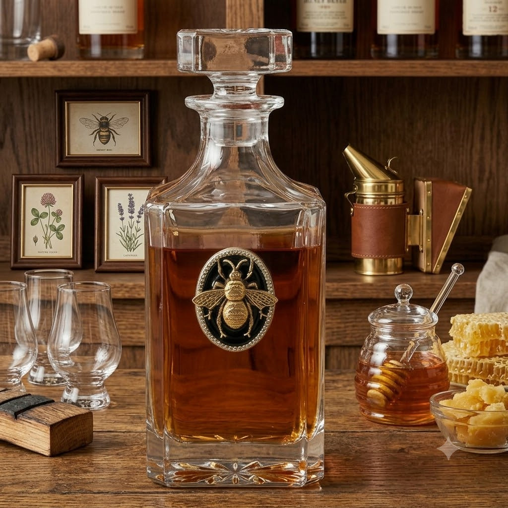 Gold Bee decanter featuring a large gold bee set in an oval setting of black enamel.  This is a great gift for a bee lover or beekeeper.