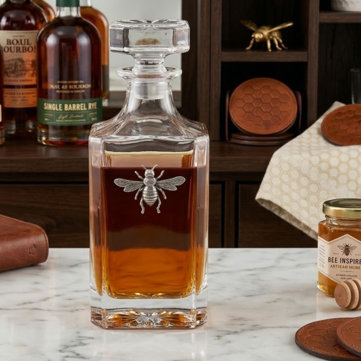 The silver bee decanter features a large silver bee medallion.   It is a great gift for a bee lover or bee keeper. 