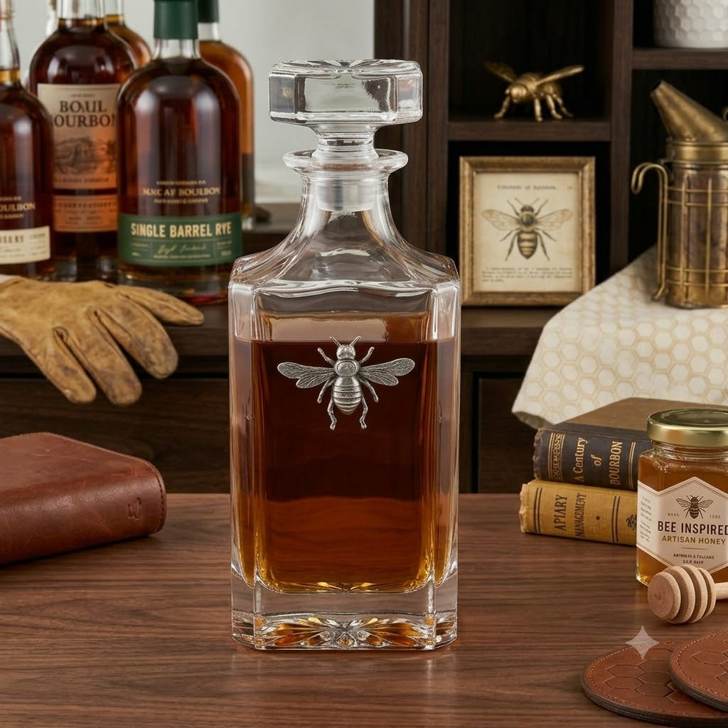 The silver bee decanter features a large silver bee medallion.   It is a great gift for a bee lover or bee keeper.  It is also a good gift for anyone who loves bourbon.