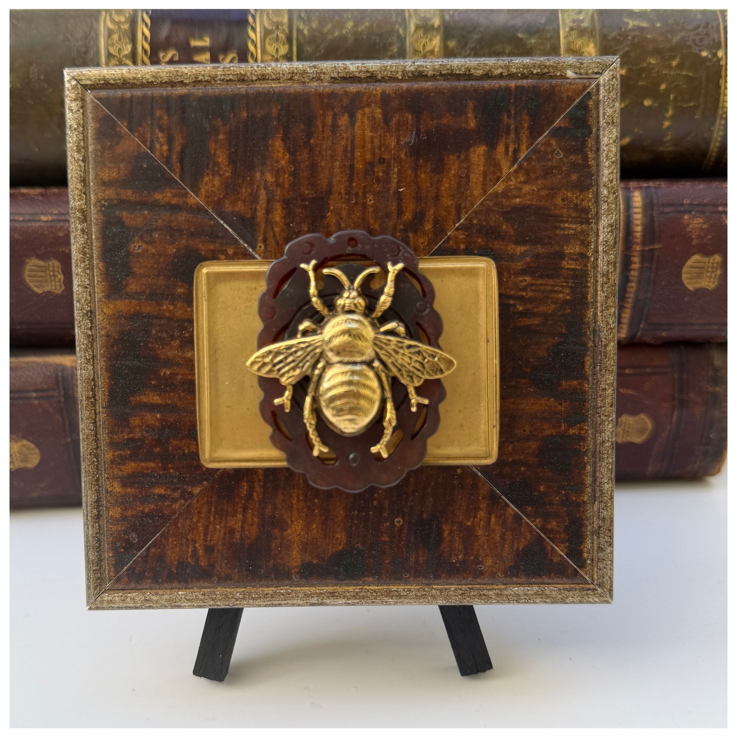 Bee Wooden Art with Gold Bee and Jade 