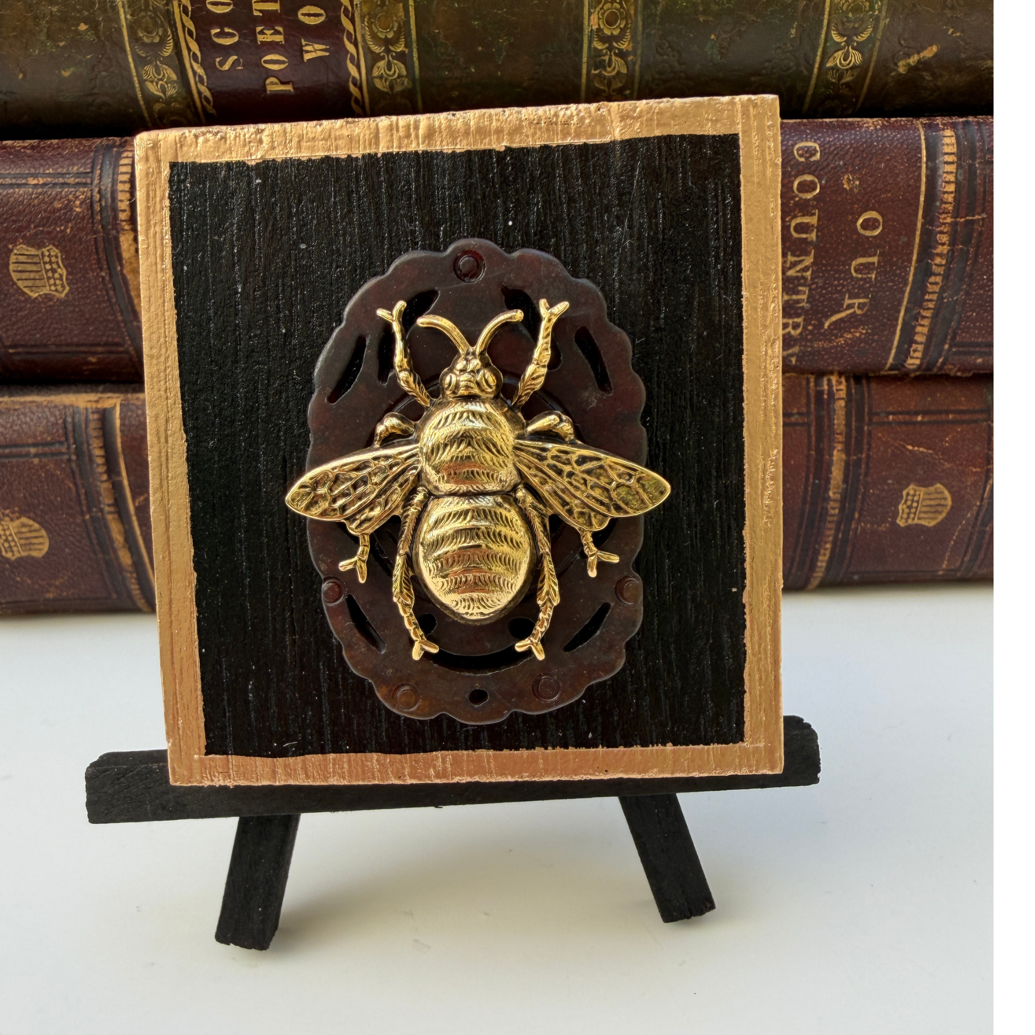 Gold Bee, Wooden Art,  Bourbon Barrel Wood, Carved Jade