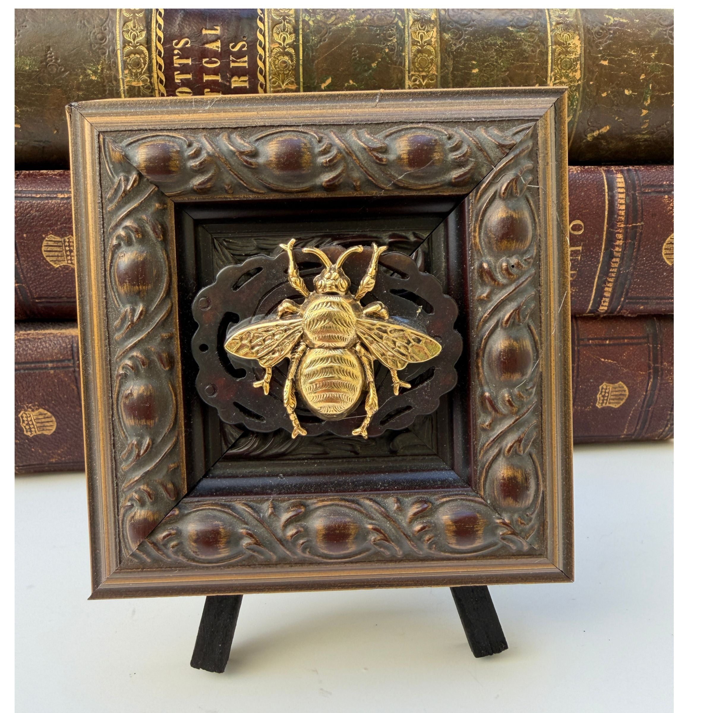 Wooden Art on a Fancy Frame with Large Gold Bee and Jade
