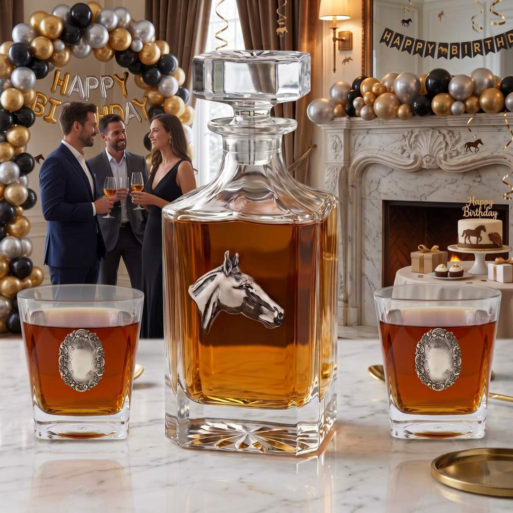 Decanter Set with Silver Horse Head and Two Bourbon Glasses | Great Birthday Gift