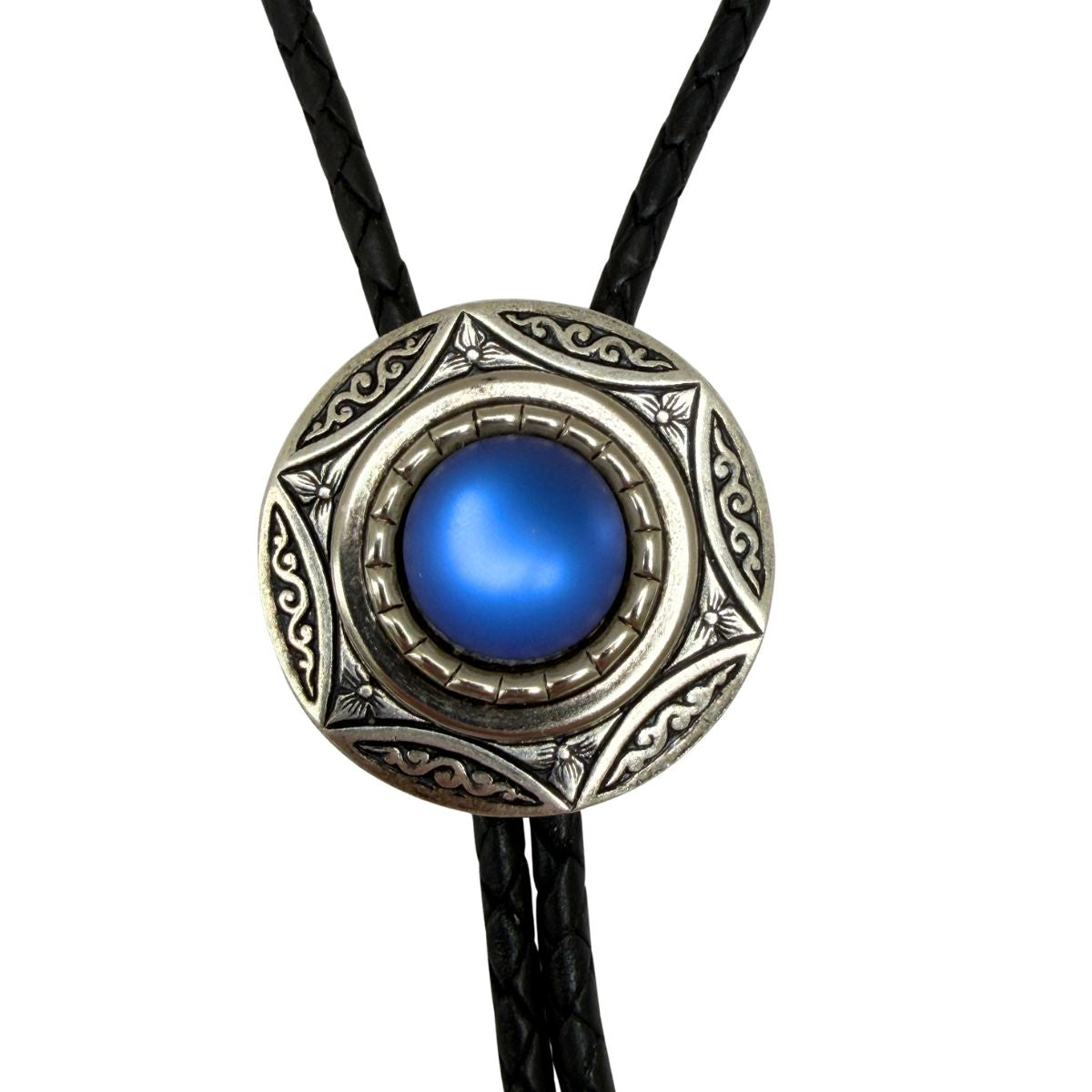 The Classic Legacy bolo tie is perfect to wear for a Western-themed wedding or event.  This style features a round silver setting and in the center a blue iridescent stone.
