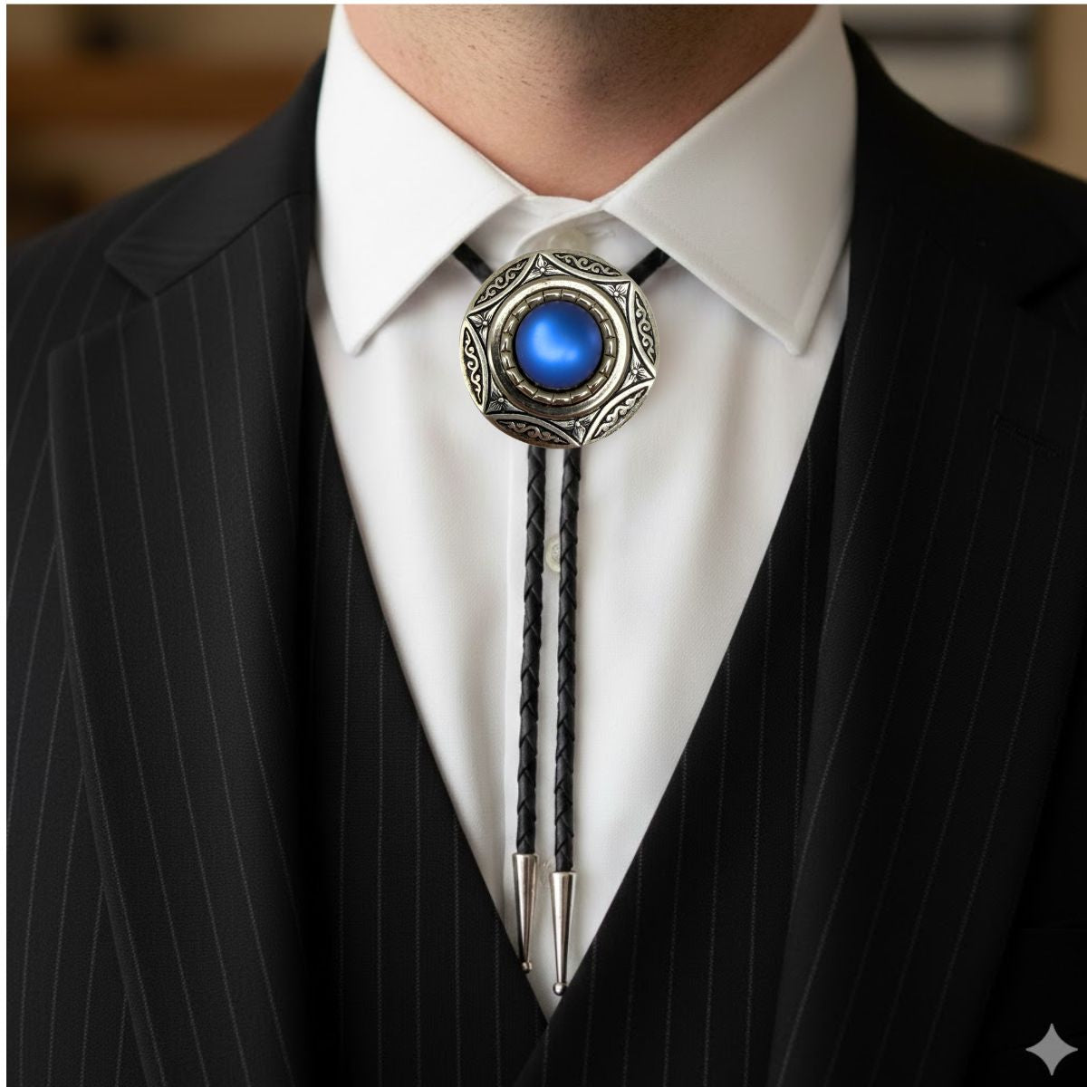 The Classic Legacy bolo tie is perfect to wear for a Western-themed wedding or event.  This style features a round silver setting and, in the center, a clear iridescent stone.  This photo shows how it looks on a man with a pin-striped suit.