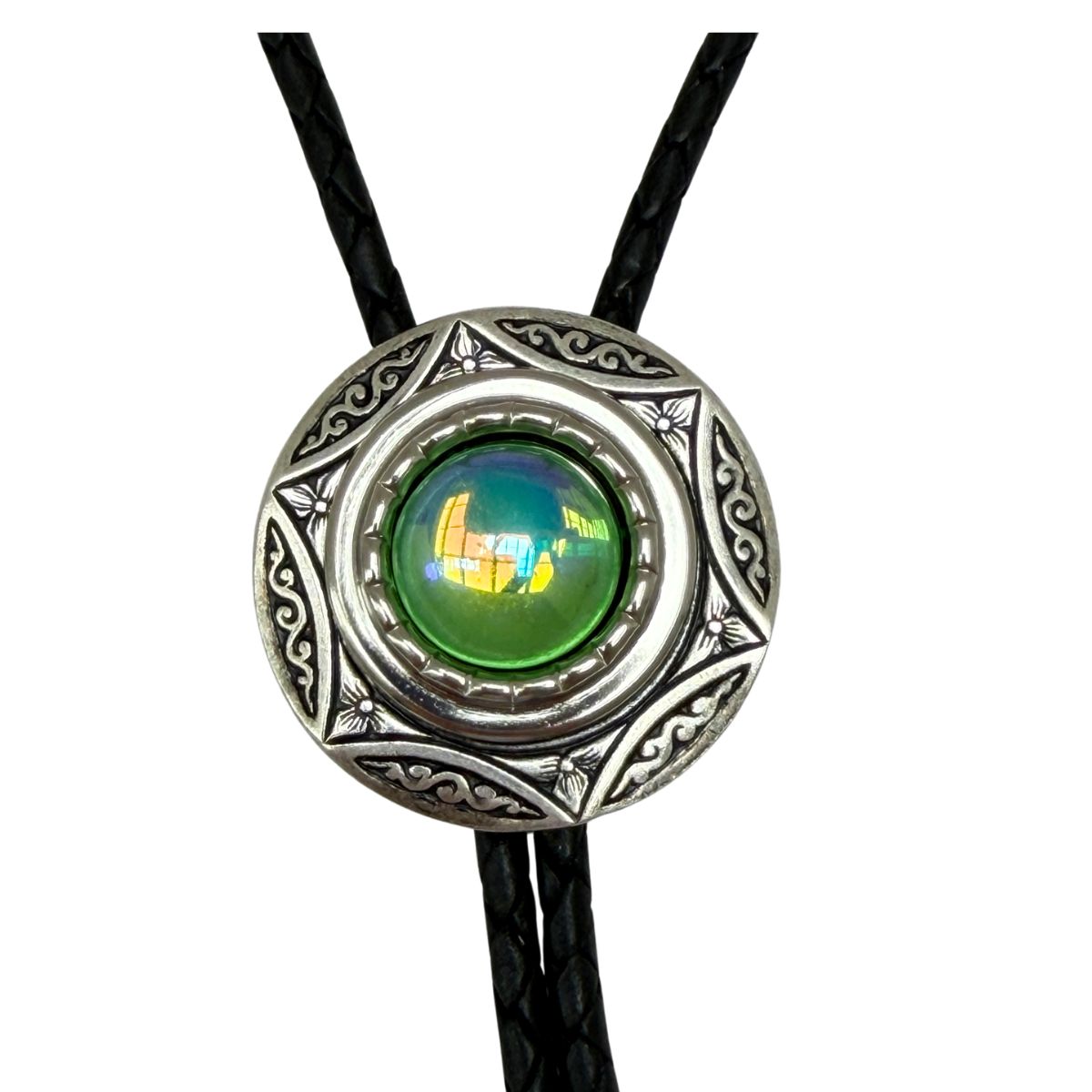 The Classic Legacy bolo tie is perfect to wear for a Western-themed wedding or event.  This style features a round silver setting and in the center a green iridescent stone.