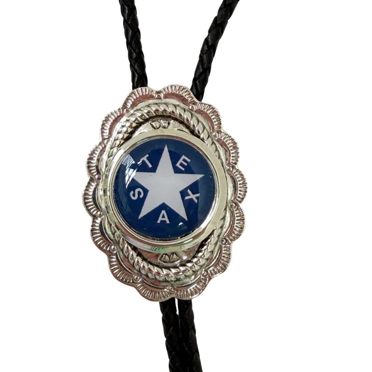 Classic Legacy bolo ties feature a large silver medallion and YOUR logo in the center.  This is a great option to feature your organization.  It is a wonderful accessory to wear to a Western-themed wedding or event.  This photo shows the custom Texas star logo bolo tie.