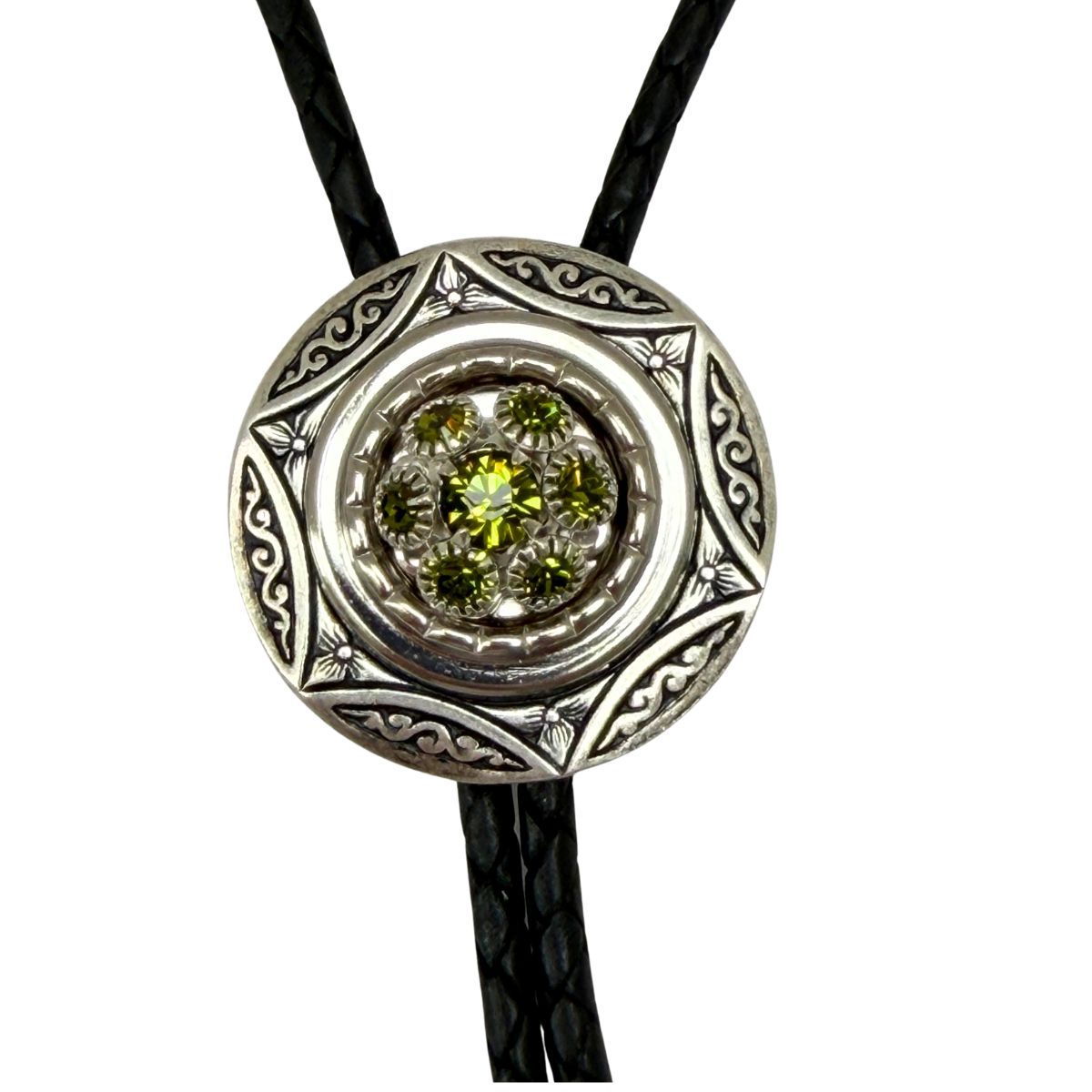 Bolo Tie Silver & Green Crystals Western Wedding Accessory