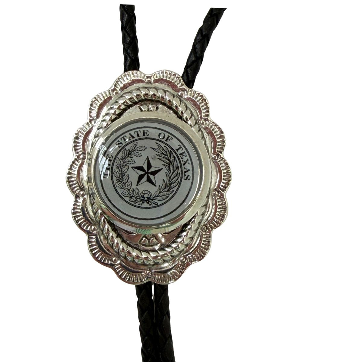 Classic Legacy bolo ties feature a large silver medallion and YOUR logo in the center.  This is a great option to feature your organization.  It is a wonderful accessory to wear to a Western-themed wedding or event.   This photo shows the State of Texas custom bolo tie.