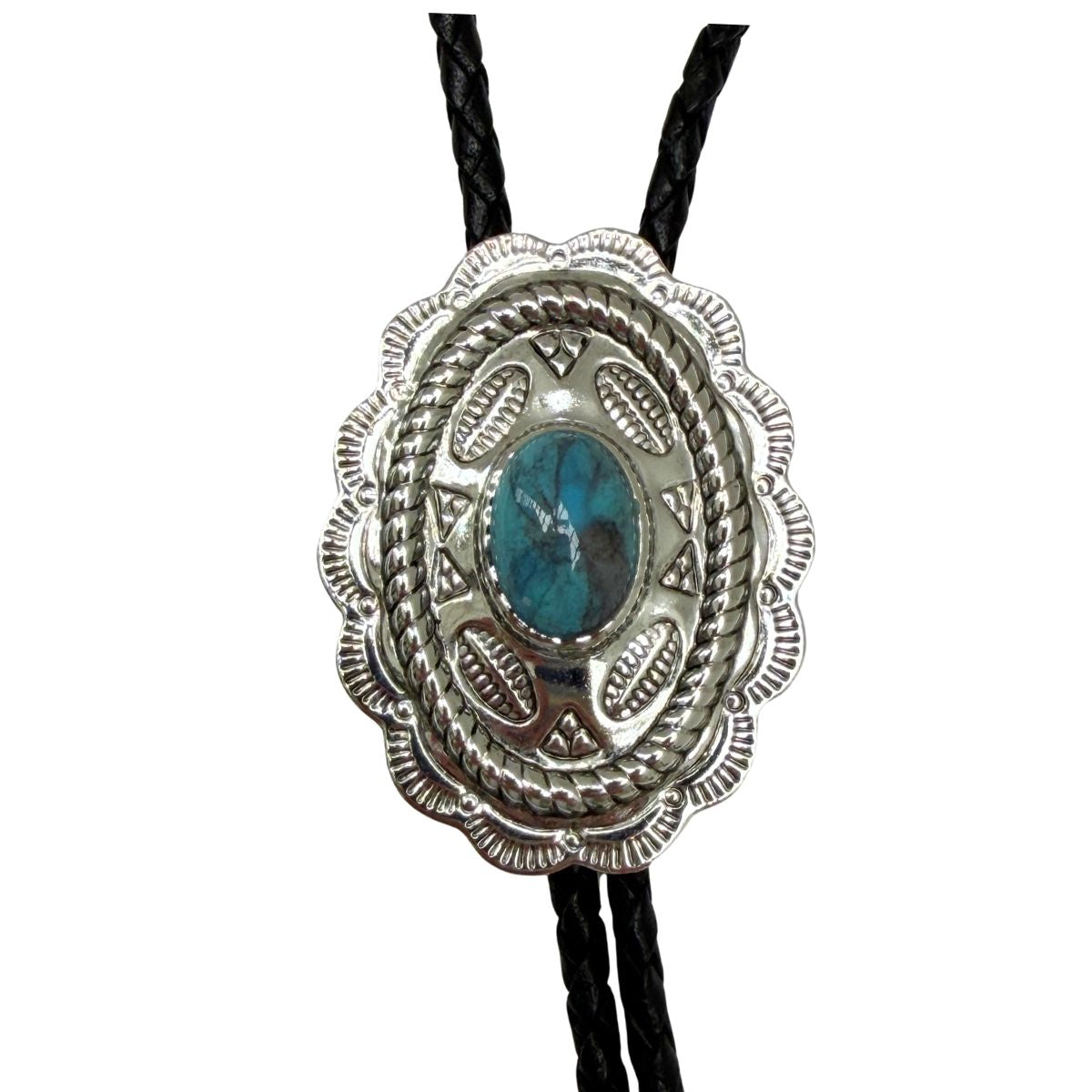 This  Western Style Silver bolo tie with turquoise setting is the perfect accessory to wear to a Western wedding or event.