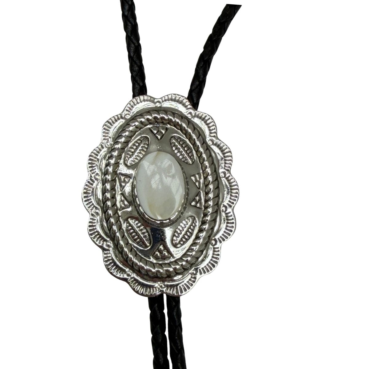 This  Western Style Silver bolo tie with a mother-of-pearl setting is the perfect accessory to wear to a Western wedding or event.