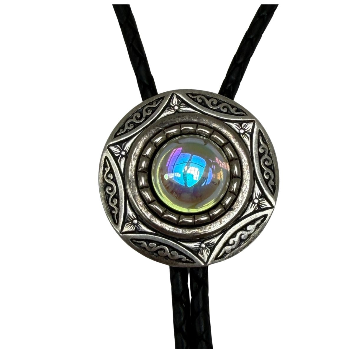 The Classic Legacy bolo tie is perfect to wear for a Western-themed wedding or event.  This style features a round silver setting and in the center, a clear iridescent stone.