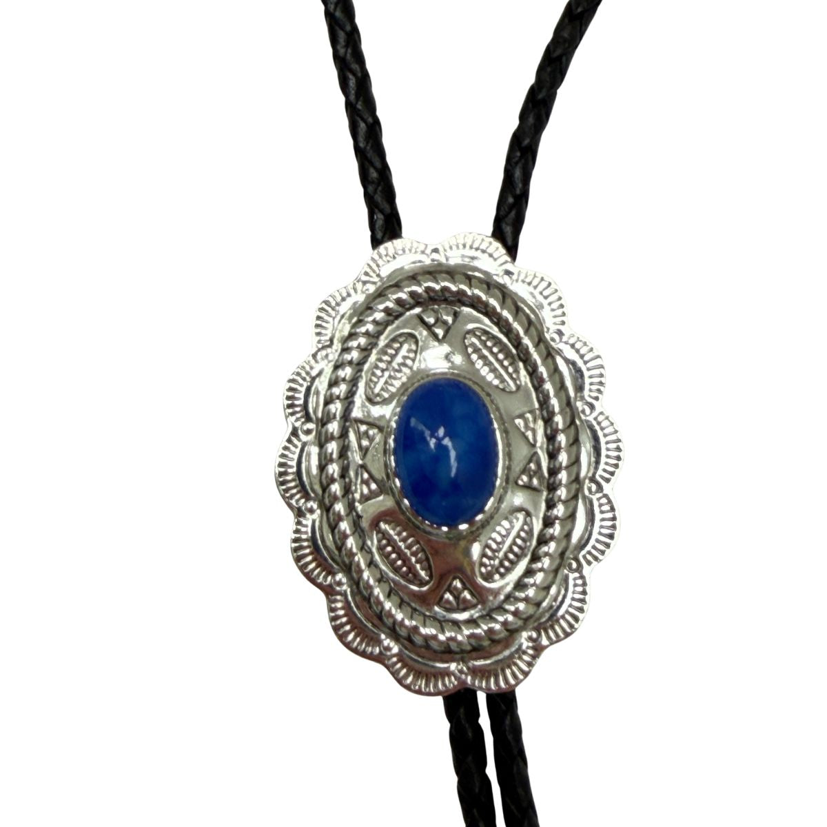 This  Western Style Silver bolo tie with a faux blue lapis stone is the perfect accessory to wear to a Western wedding or event.