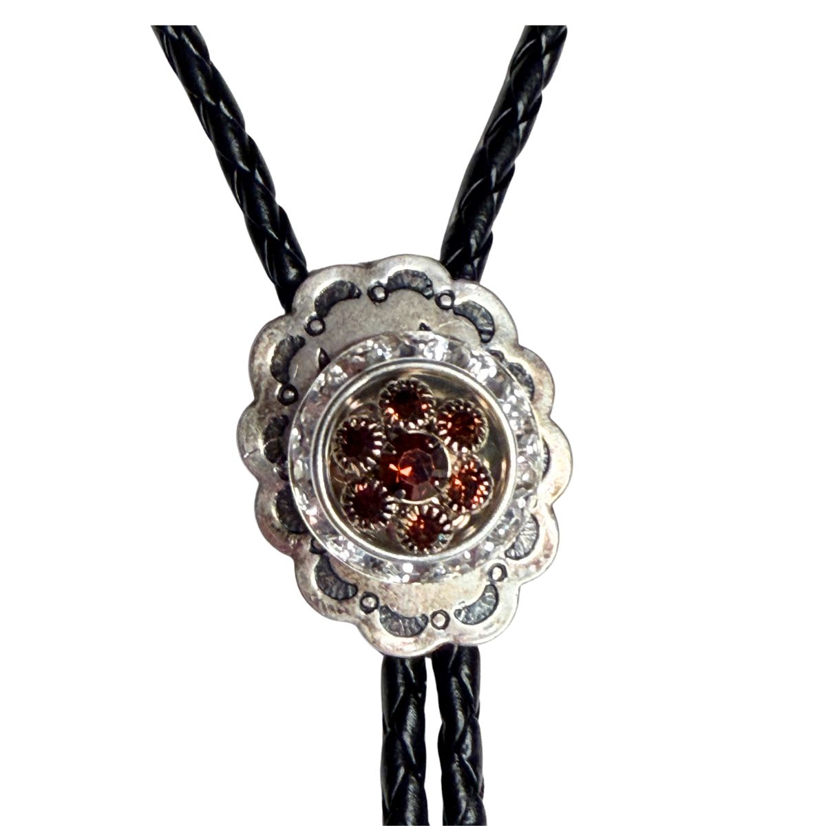 Bolo Tie Western Silver Theme medallion embellished with "chocolate brown" crystals.  Great accessory to wear to a Western Wedding or event.