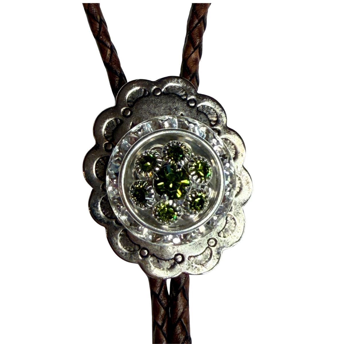 Bolo Tie Western Silver Theme medallion embellished with  Forest Green crystals.  Great accessory to wear to a Western Wedding or event.  