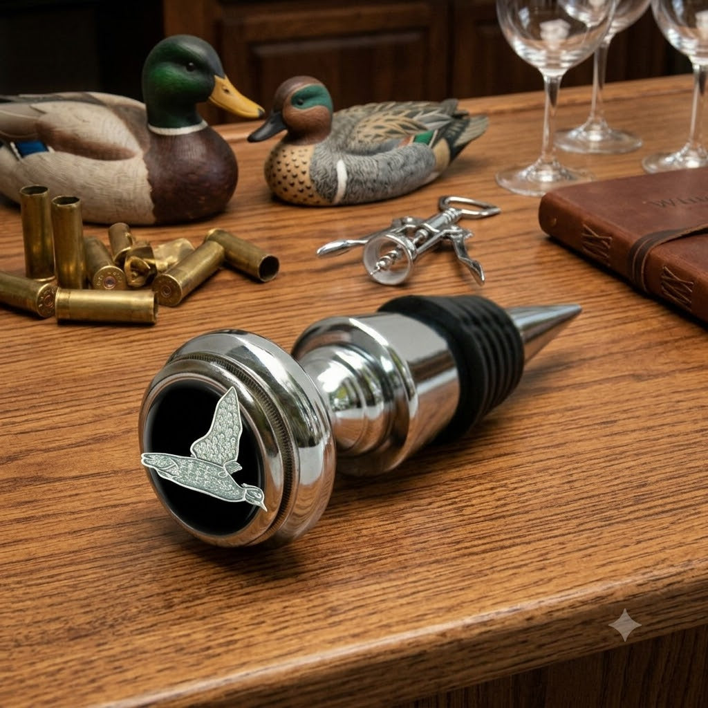 Bottle Stopper with silver setting with black enamel and a silver duck.  It is a great gift for a duck lover and duck hunter.