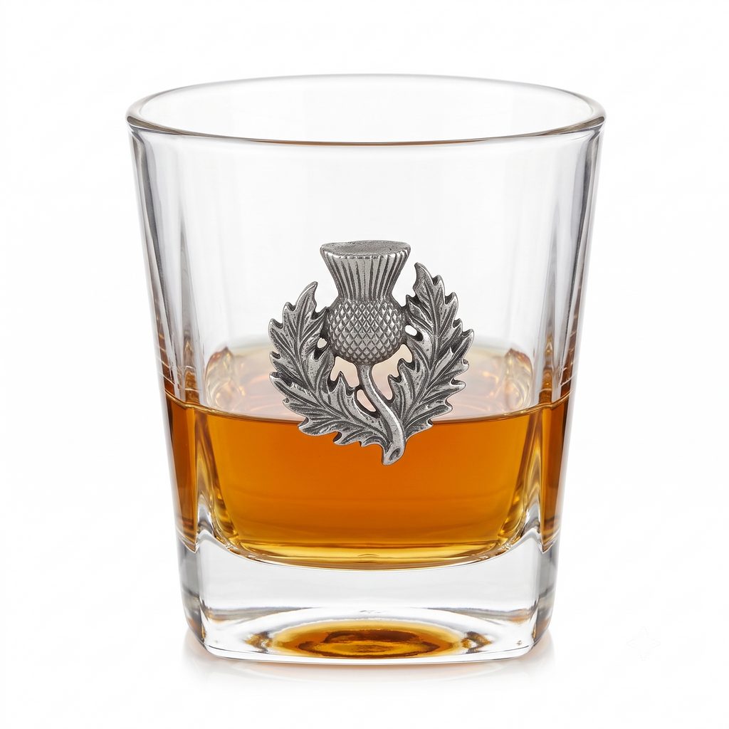 Bourbon glass with Silver Scottish Thistle Gift for lover of Scotland