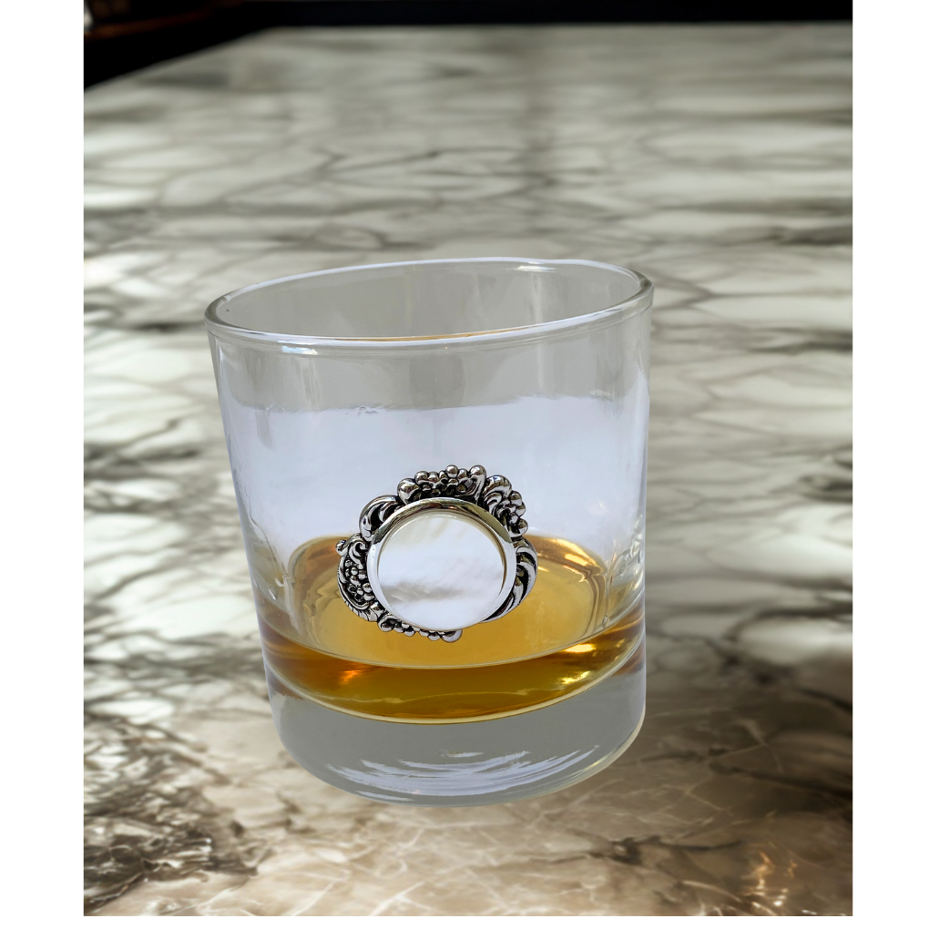 Bourbon Glass with Silver Setting and Mother of Pearl on Marble Counter